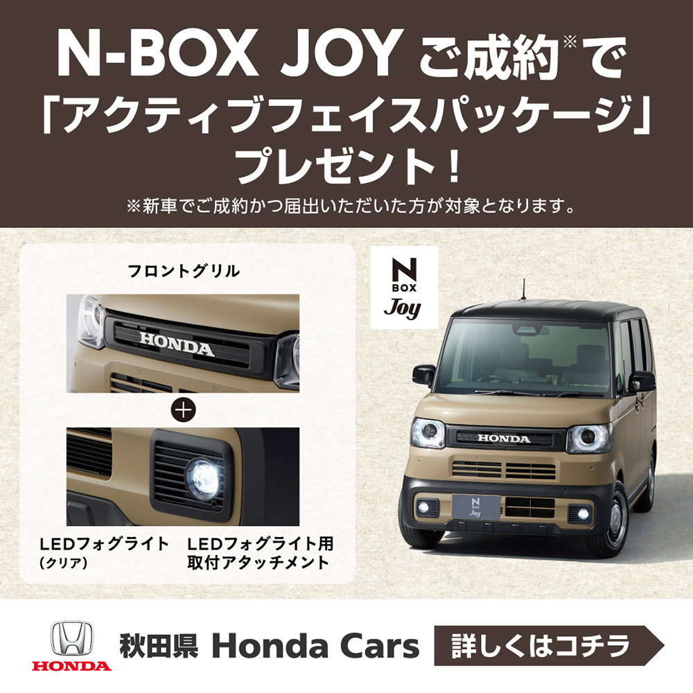 N-BOX JOYご成約で「アクティブフェイスパッケージ」プレゼント！